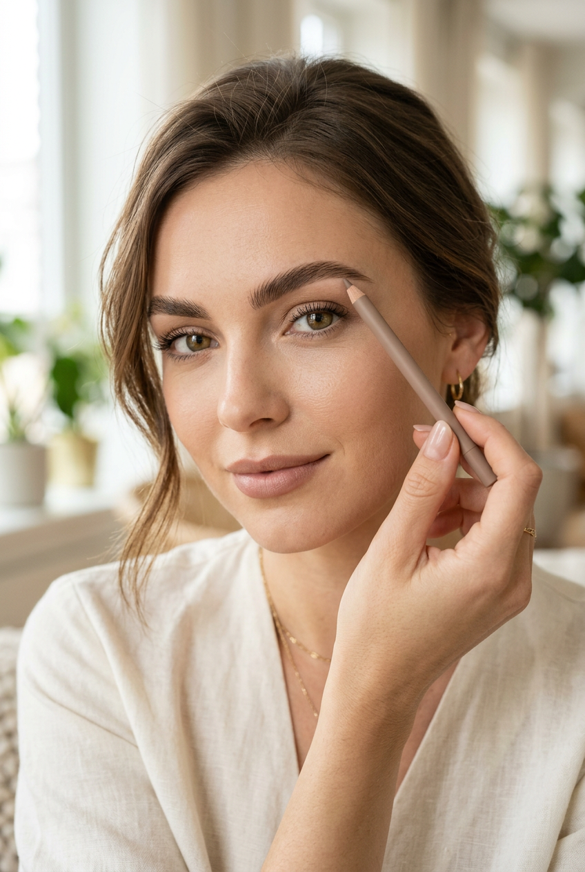 Model Holding Eyebrow Pencil - Lifestyle Beauty Shot