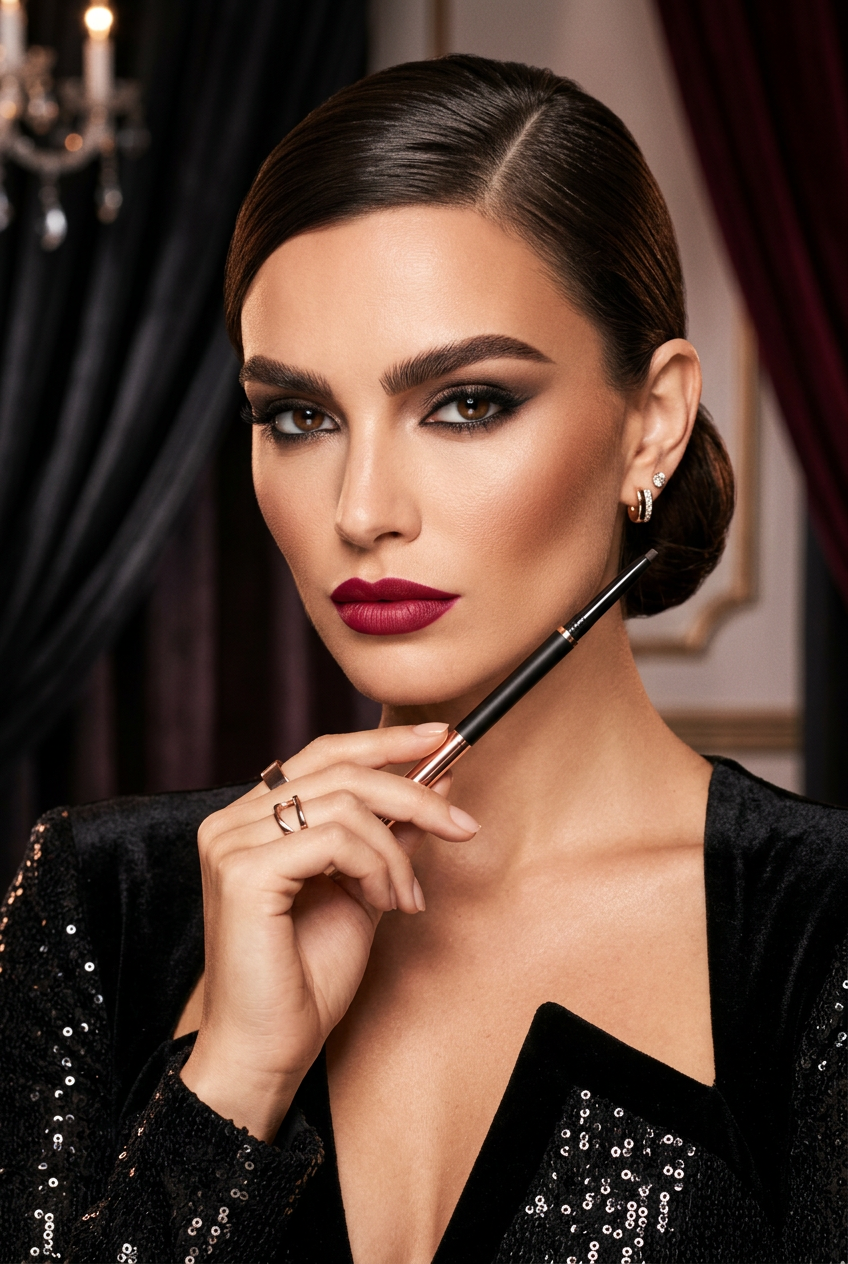 Glamorous Model Holding NoirGold Pencil Black Tie Luxury Campaign Shot