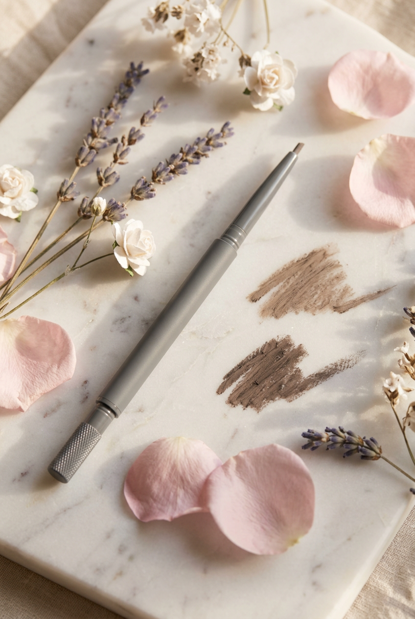 Eyebrow Pencil Detail on Marble with Dried Flowers