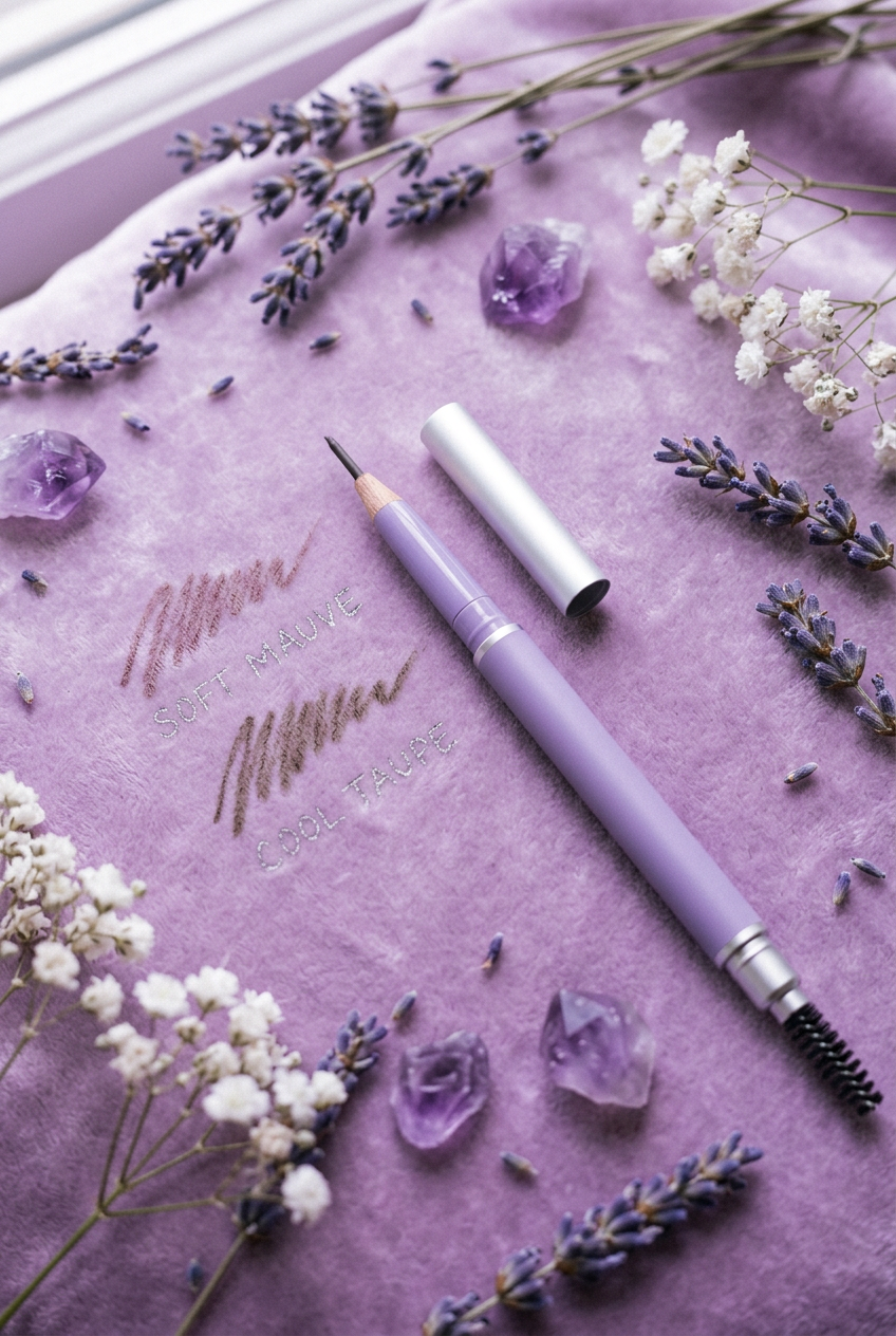 AuraVeil Pencil Detail on Lilac Velvet with Amethyst Crystals