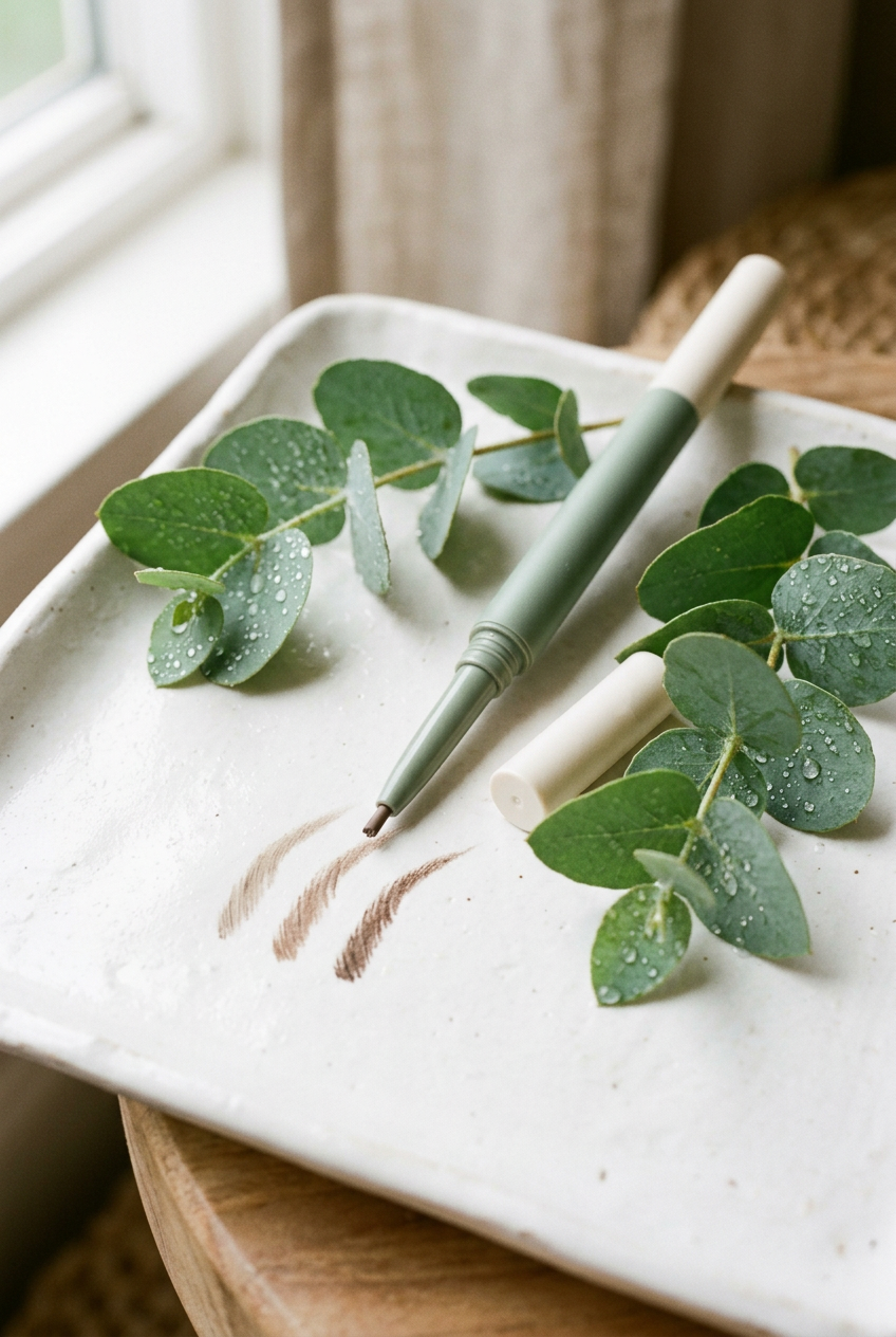 BotanicBrow Pencil Detail on Ceramic Tray with Eucalyptus