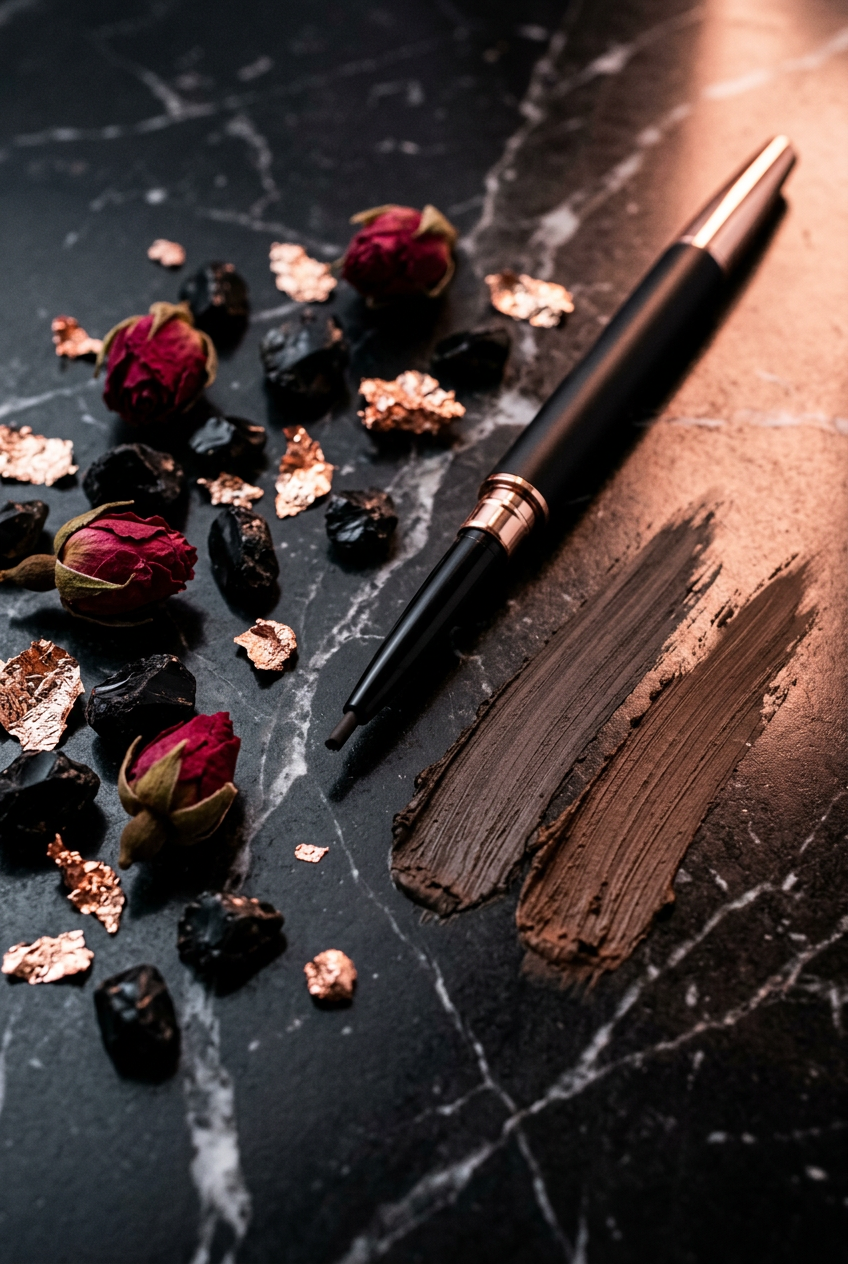 NoirGold Pencil Detail on Black Marble with Rose Gold Foil