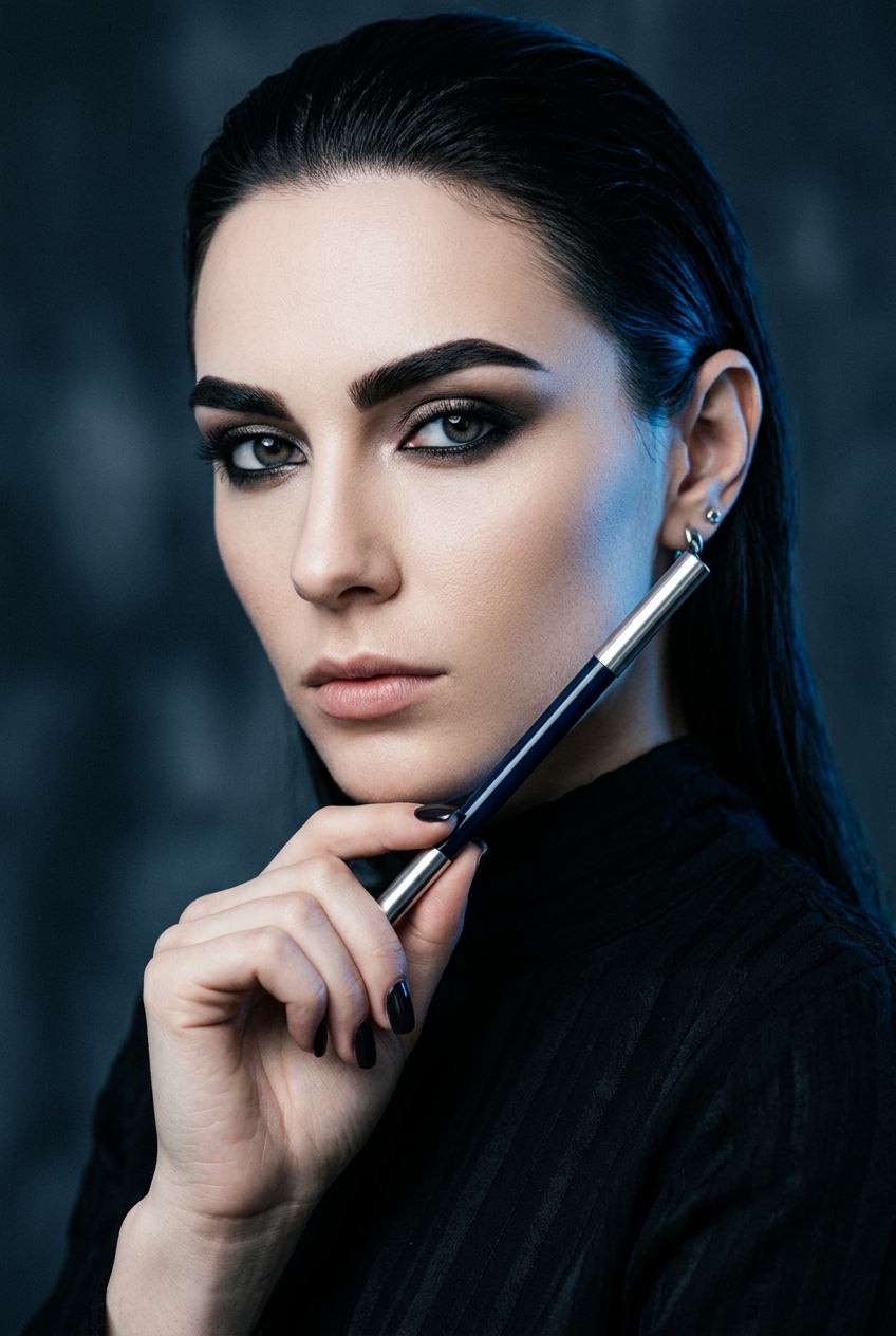 Model with Bold Brows Holding MidnightBrow Pencil Editorial Shot