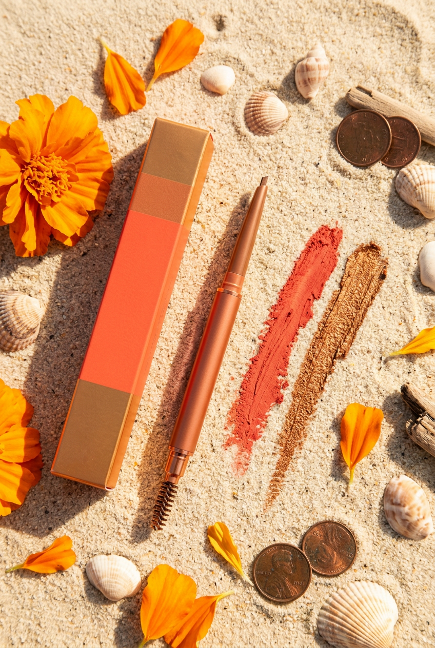 CoralSun Pencil Detail on Sand with Marigold Petals and Shells