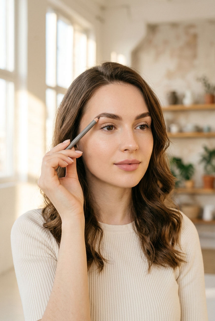 European Model Holding Eyebrow Pencil Lifestyle Shot